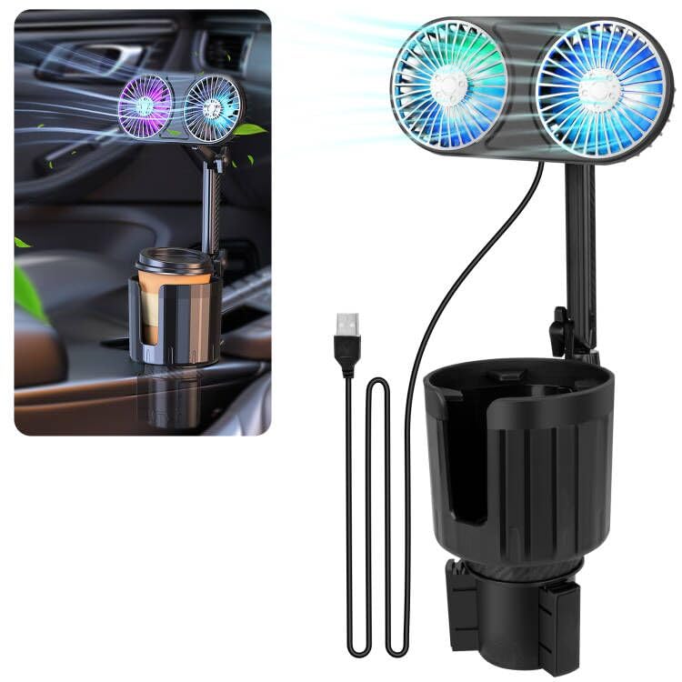 Car Fan, Car Fan Cup Holder with Colorful Lights, USB Portable Vehicle Cooling Air Fan for Car SUV, RV, Truck, 3 Speed, 360 Degree Rotatable, 6.6" USB Powered Electric Car Fans (Dual Head) Dual Head