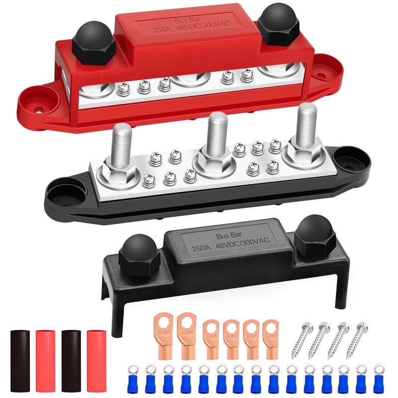 250A Bus Bar 12V Marine 3 x 5/16" (M8) Terminal Studs,10 x #8 (M4) Screw Terminal 12V-48V Power Distribution Block with Cover,with 25PCS Terminal Parts Battery Bus Bar for Boat Automotive Car