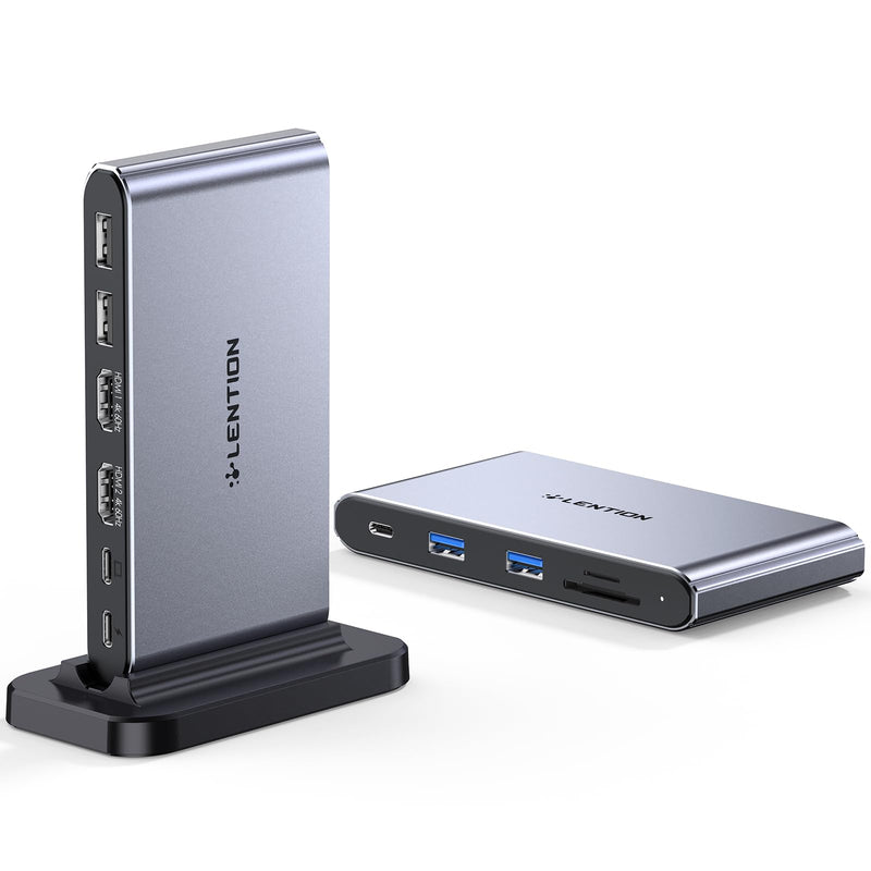 LENTION 10-in-1 Detachable USB C Laptop Docking Station with Dual 4K@60Hz HDMI, PD Charging, USB C, USB-A, SD/Micro Card Readers, 3.3ft Host Cable for Mac, MacBook, Windows use (D62 10-in-1(3.3ft cable+Vertical+Detachable)