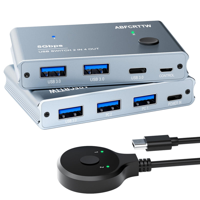 USB 3.0 Switch 2 in 4 Out with Desktop Controller, Aluminum USB Switch for 2 Computers with 1xUSB C Port and 3xUSB A Ports, 2 USB A to A Cables for Mouse, Keyboard, Printer, Webcam, U-Disk