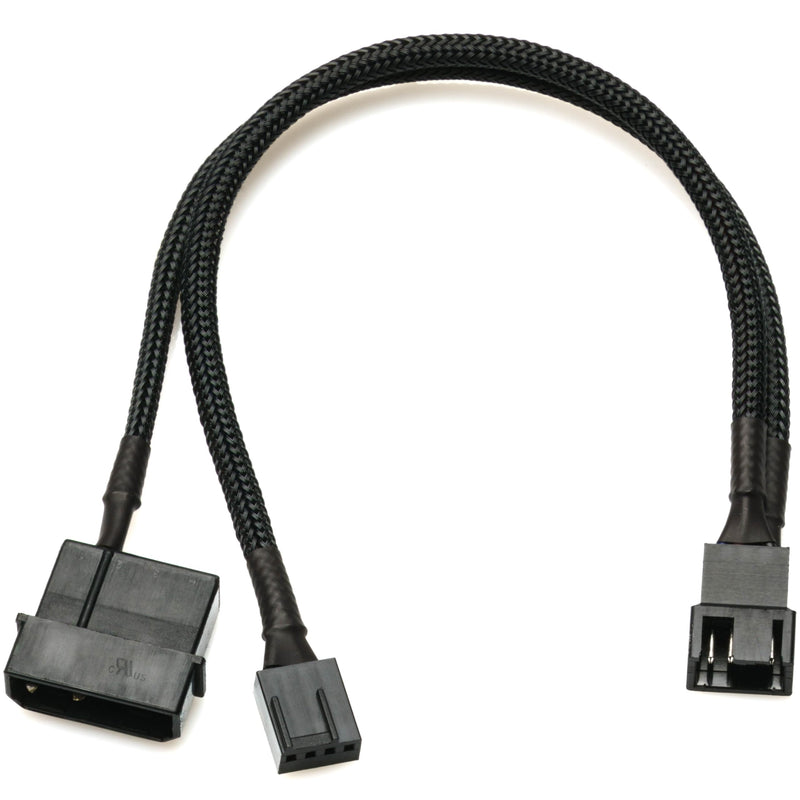 CRJ 4-Pin Molex High Power PC Fan Adapter Cable - 10-inch (25cm), Black Sleeved - High Current 12V Power Adapter from a 4-Pin Peripheral ATX Connector for 3-Pin & 4-Pin Computer Fans 1 - Single Fan with PWM