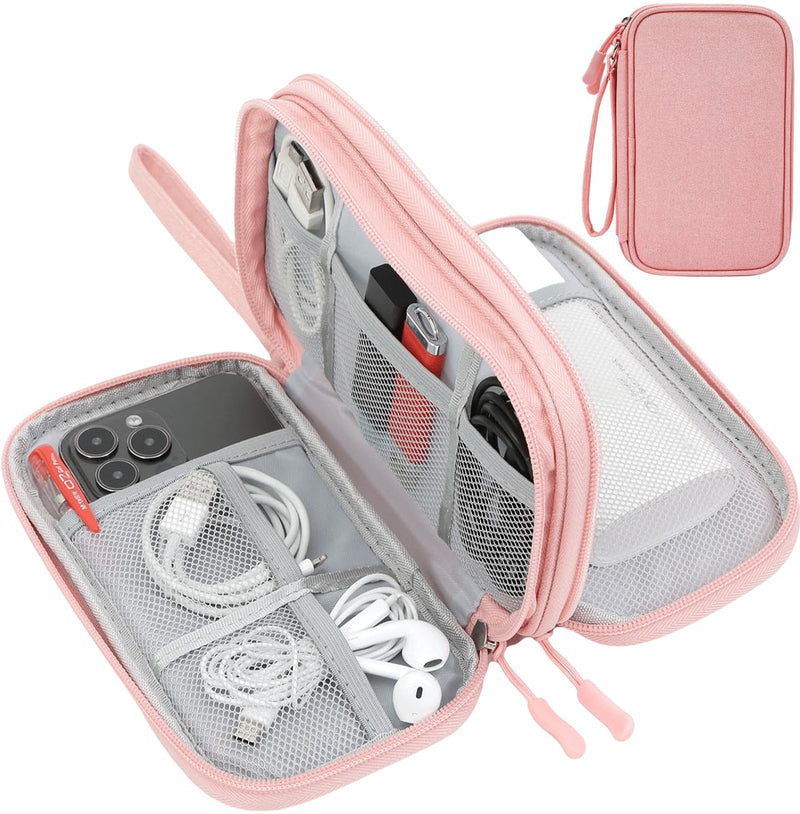 Electronic Cable Organizer Bag, Travel Electronic Accessories Carry Case Portable Waterproof Double Layers Storage Bag for Cable, Cord, Charger, Power Bank, Earphone (Light Pink, Medium) Light Pink