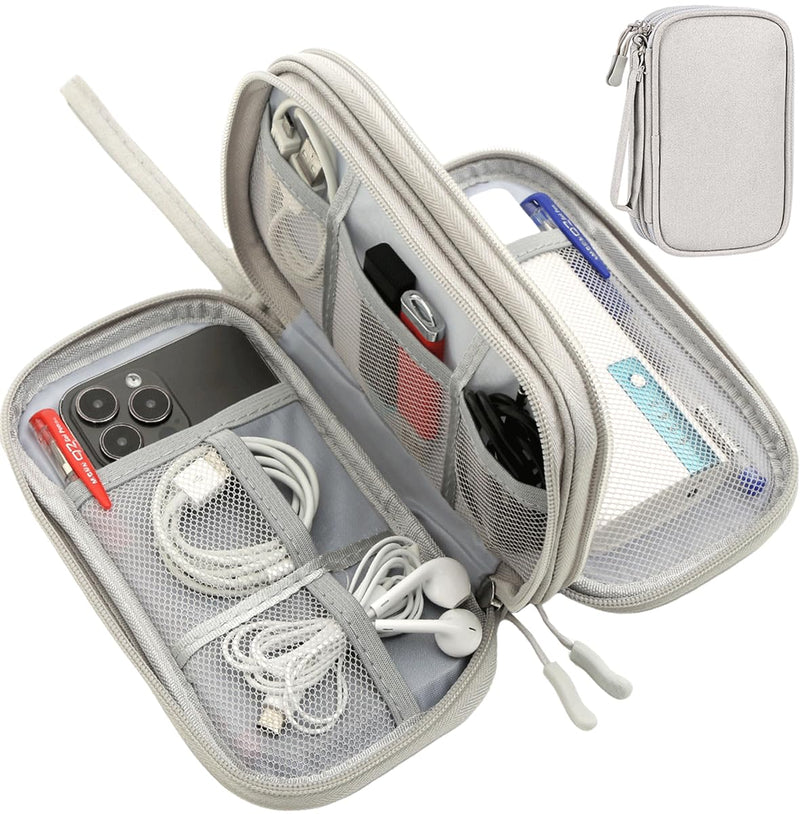 Travel Organizer Pouch Electronic Accessories Carry Case Portable Waterproof Double Layers Storage Bag for Cable, Cord, Charger, Phone, Power Bank, Earphone, Hard Drive (Light Grey, Large) Light Grey