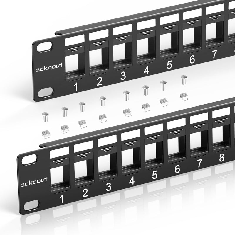 Sokqovt 24 Port Blank Keystone Patch Panel with Snap-in Design (2 Pack), Cat6 Network Patch Panel 1U 19 inch, Rack Mount Ethernet Patch Panel (for Slim Keystone Only) 2 Pack