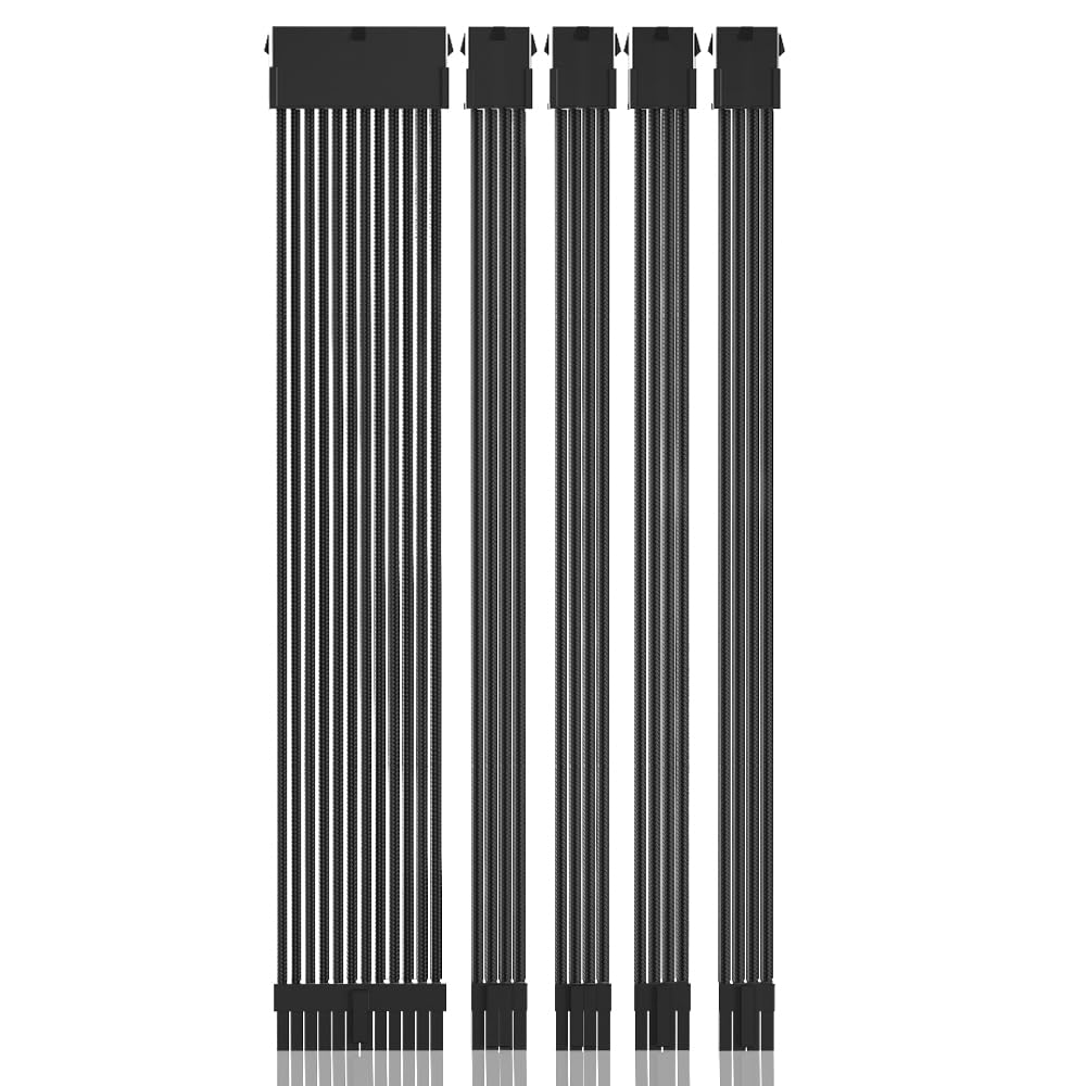 PSU Cable Extension Kit 30CM Length with Cable Combs 1x24Pin/2x8Pin(4+4) EPS/2x8Pin(6P+2P) PCI-E/PC Sleeved Cable for ATX Power Supply (Black) (Black) Black