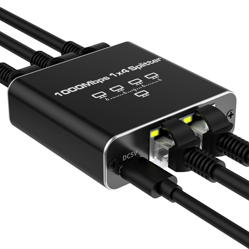 Ethernet Splitter 1 to 4 Ports, 1000Mbps Max High Speed Internet Splitter 1 in 4 Out for Cat 5/5e/6/7/8 HDMI Splitter 1 to 4
