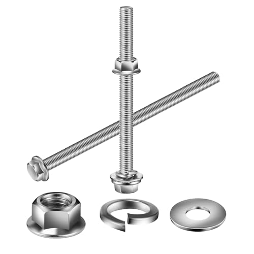 M10 x 80mm Flanged Hex Head Bolts, Nuts, Flat & Lock Washers, 10Pcs 18-8 (304) Stainless Steel, Fully Threaded, by SG TZH M10 x 80mm Silver 10