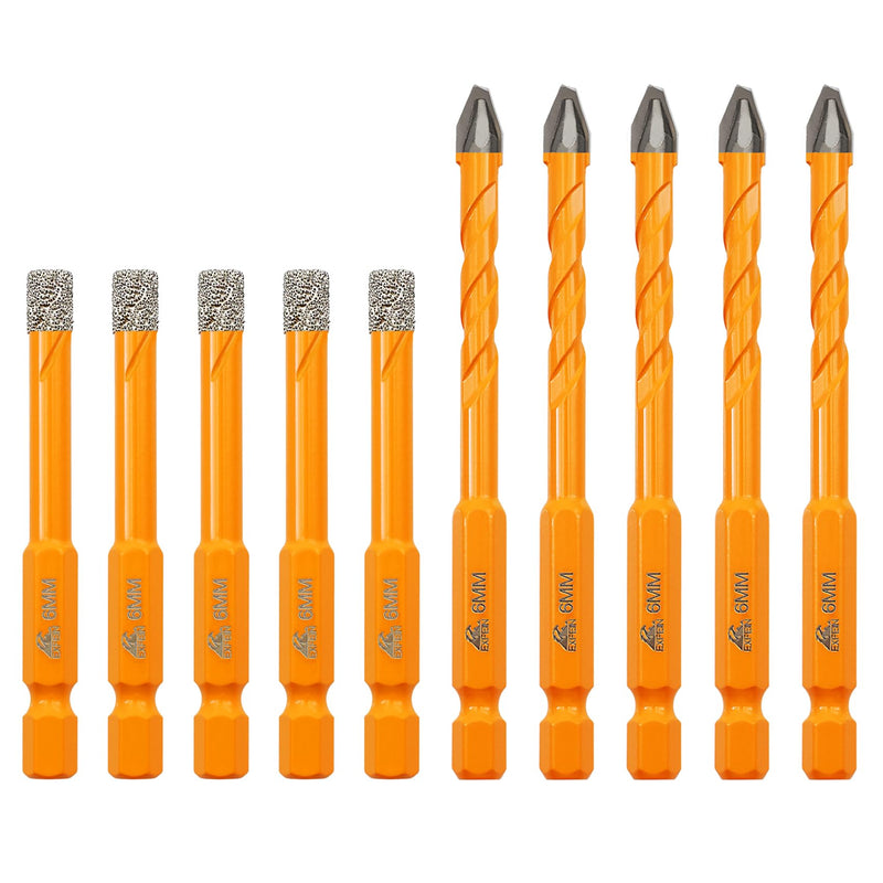 Tile Drill Bits Kit 6mm 5pcs Quick-fit Shank& 6mm 5pcs Carbide Drill Bits for Drilling Ceramic Porcelain Tile Marble Granite Masonry set 3--6mmx5+6mmx5