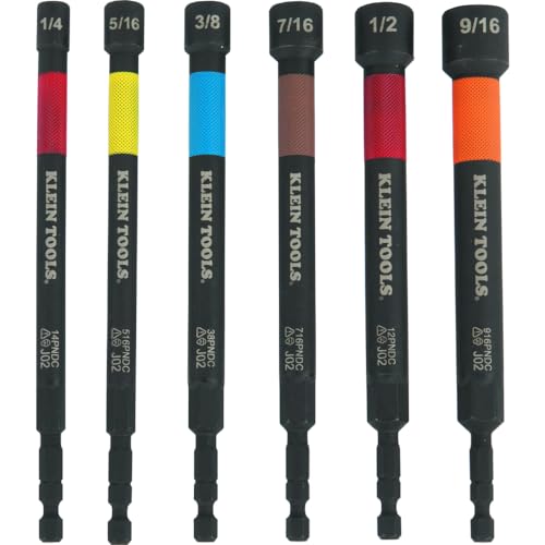 Klein Tools 32930 SAE Magnetic Impact Nut Setter Set, 6-Piece Color Coded Power Nut Driver with Extended Reach, 6 SAE Sizes 6-Inch / 6-Piece Set, SAE, Extended