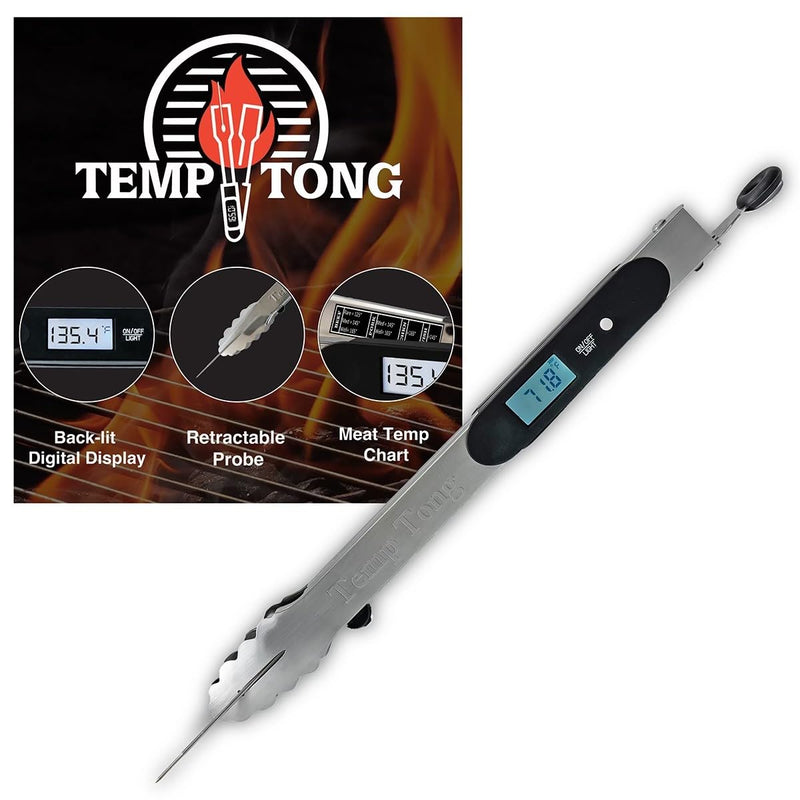 | Tongs Plus Thermometer | FDA Grade Stainless Steel | Great for BBQ or Grilling | Meat Thermometer | Heavy Duty | Silicone Grip