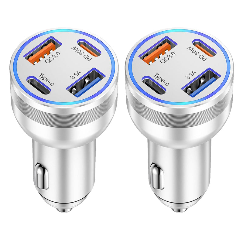 USB C Car Charger Adapter, 2 Pack 65W 4 Ports Super Fast Cigarette Lighter USB Charger, PD3.0 & QC3.0 30W Type C Car Charger for iPhone 15 Pro Max Plus, Samsung Galaxy S24/S23,iPad Pro, Pixel/Moto/LG Silver