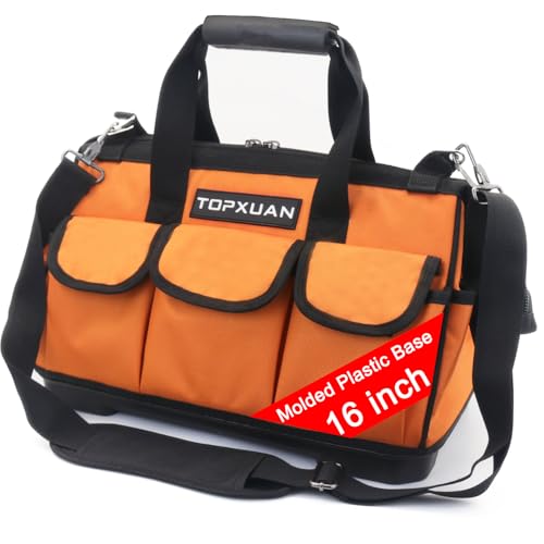 16 Inch Heavy Duty Tool Bag - Molded Plastic Base, Waterproof 900D Oxford Cloth, 16 Pockets Wide Mouth Tool Organizer with Shoulder Strap for Power/Hand Tools (Orange) YT-STBAG-1601