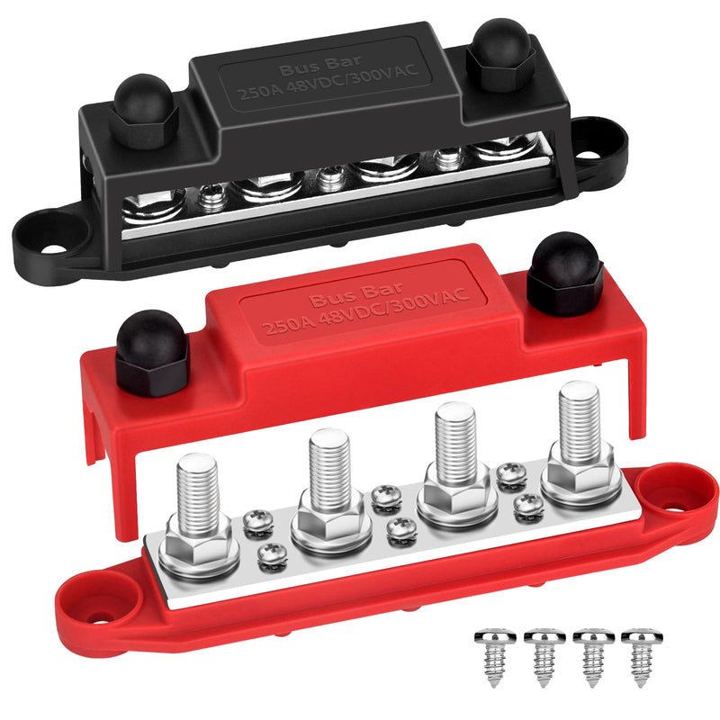 Power Distribution Block Bus bar Terminal Block 4 x 3/8" Posts, 6 x #8 Screws Terminals, 12V 250A (Red & Black) 250A 5/16"