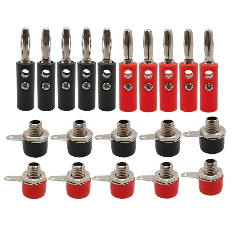 10Pair Silver 4mm Banana Plug Male and Female 4mm Banana Jack Panel Mount Banana Socket Terminal Connector Adapter Red Black (5Red5Black) 5Red5Black