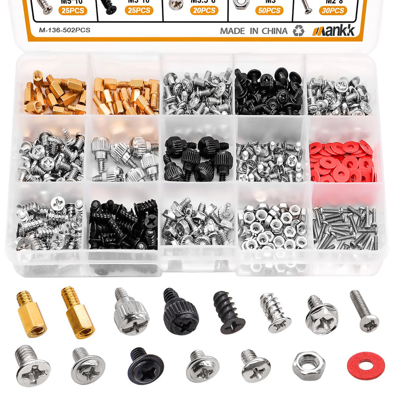 mankk 502PCS Computer Screw Assortment Kit Motherboard Standoffs Screws Laptop Screws for HDD Hard Drive,PC Case,Fan,ATX Case, SSD,CD-ROM