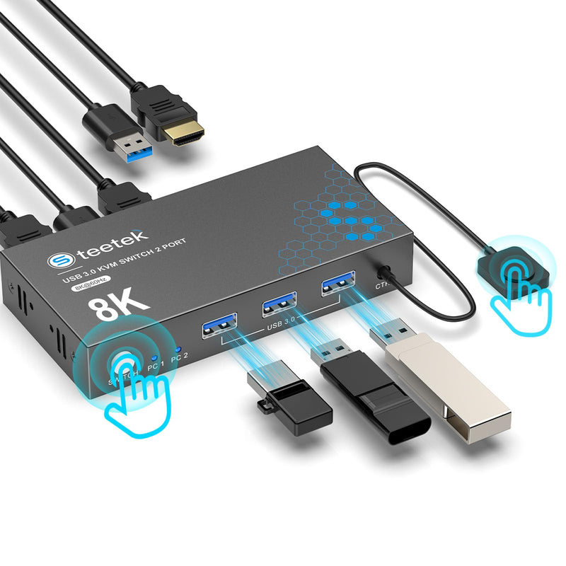 USB 3.0 HDMI KVM Switch 1 Monitor 2 Computers, 8K@60Hz KVM Switches for 2 Computers Sharing Monitor Keyboard Mouse Hard Drives Printer,with EDID Adaptive,2*USB Cable and Controller. 1 Monitors