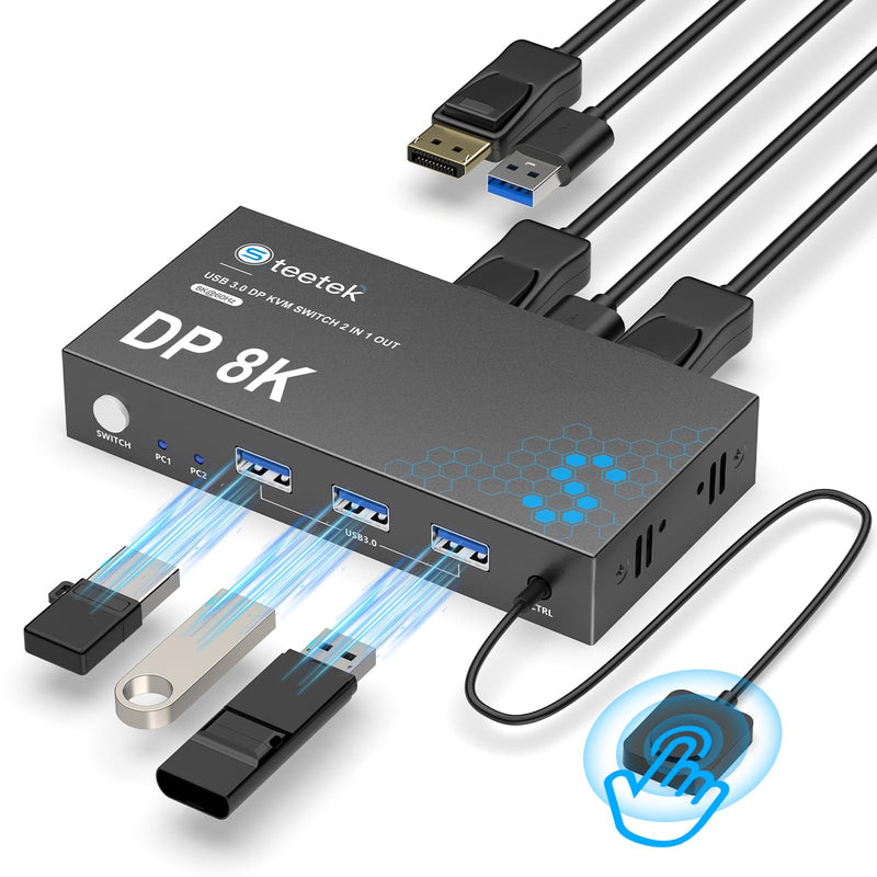 Displayport KVM Switch 1 Monitors 2 Computers, with 3 USB 3.0 Hub, 8K@60Hz DP 1.4 Dual Monitor KVM Switch, Wired Remote KVM Switches, Share Keyboard Mouse Printer, EDID,Plug and Play