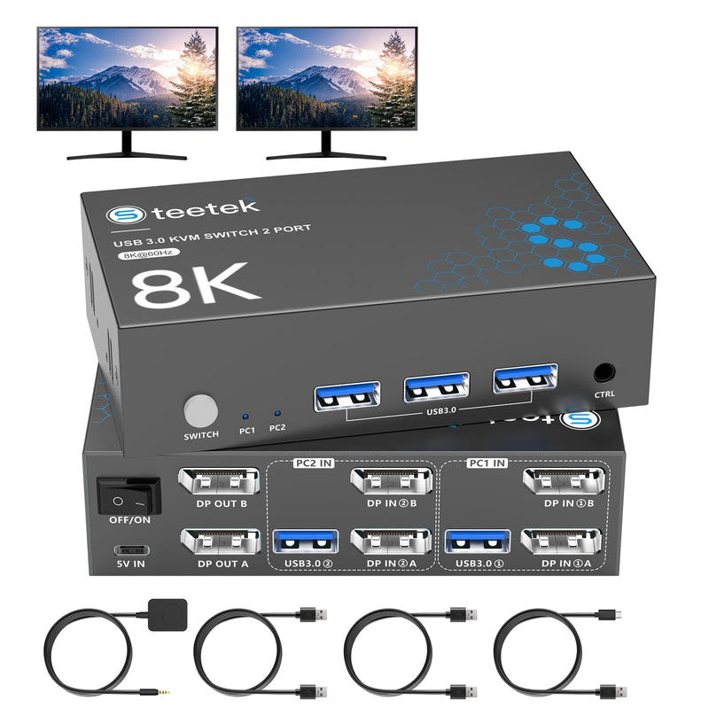 8K@60Hz KVM Switch 2 Monitors 2 Computers DisplayPort, USB3.0 KVM Switches, 4K@120Hz Dual Monitor for 1 Set of Keyboard Mouse Printer and U Disk with EDID Adaptive 2 USB Cables