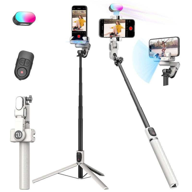 Smartphone Gimbal Stabilizer, Stabilizer Face Tracking Without APP - 4 in 1 Cellphone Gimbal Stabilizer for iPhone&Android Extended 108cm Rod with RGB Fill Light, AOCHUAN M2PRO White