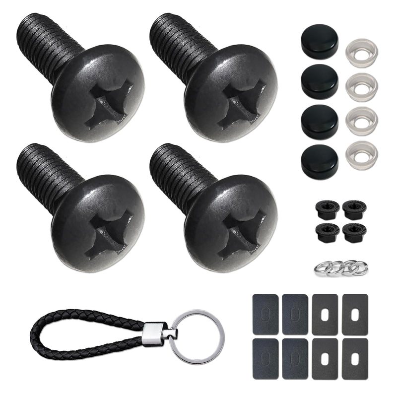 Black License Plate Screws- Rustproof Stainless Steel Car Tag Bolts, M6X16mm (1/4" X5/8") Fasteners Hardware- Phillips Machine Bolts Nuts Caps for Mounting Front or Rear Frame