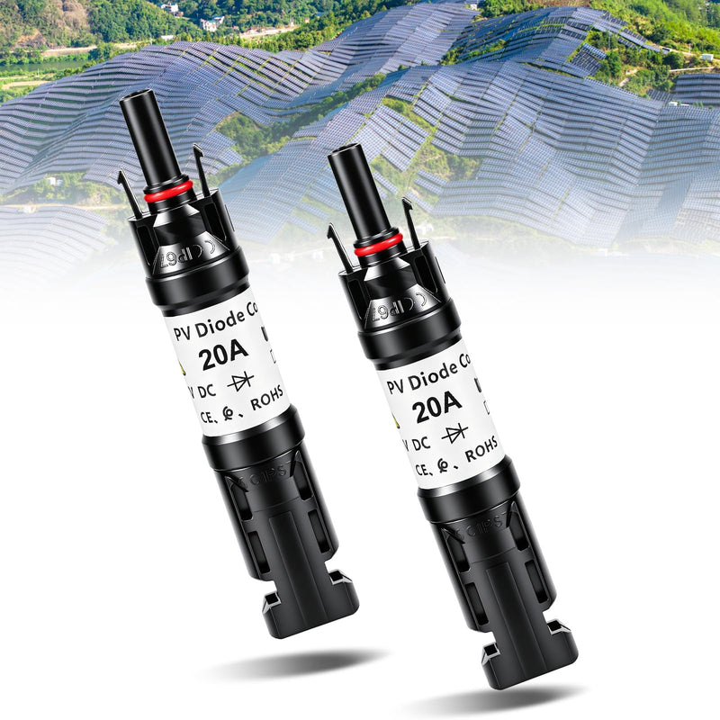 Solar PV Connector, Pack of 2 DC PV Plug, Solar M-C4 Plug Blocking Diode Solar PV Connector Parts with Built-in Anti-Backflow Diode, IP67 Waterproof for Connecting Solar Panels 20A