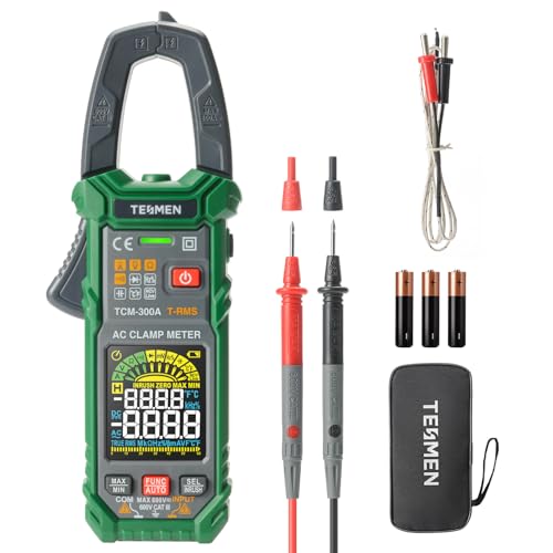 TESMEN TCM-300A Digital Clamp Meter 6000 Counts T-RMS Ammeter Auto Ranging Multimeter Voltmeter with AC Current AC/DC Voltage NCV/Live Wire Inrush Current Resistance Diode Temperature - Green
