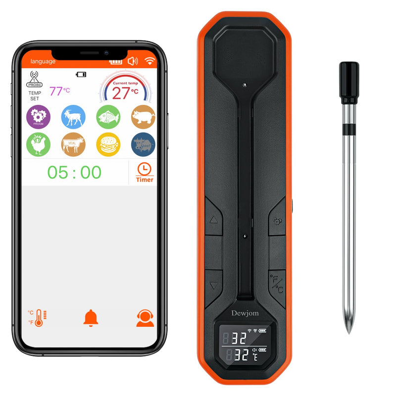 Wireless Meat Thermometer – Digital Cooking Thermometer with Wireless Probe – 500Ft Remote Range Food Thermometer – with iOS & Android Read App -Preprogrammed Temperatures for BBQ, Oven, Grill tangerine