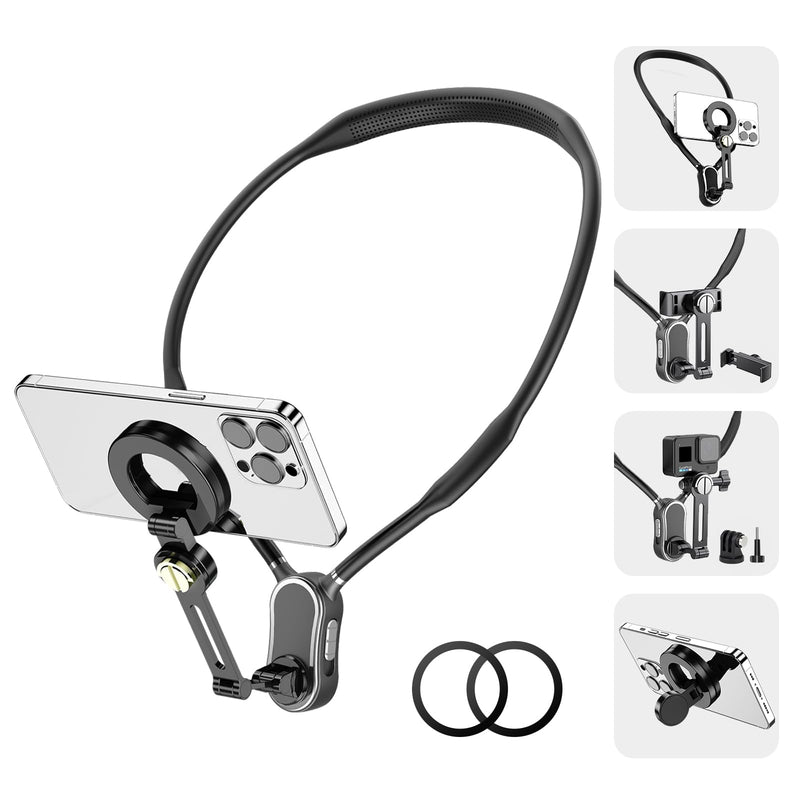4 in 1 Magnetic Neck Mount for Phones,POV/Vlog Neck Phone Holder for Recording w/Chest Strap/Phone Clip Selfie Mount Phone Neck Holder Neck Tripod for iPhone/Android/Go Pro DJI Camera-Black