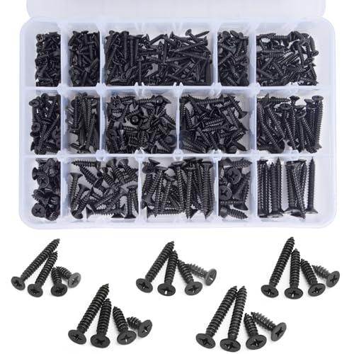 542PCS #4#6#8#10#12 Phillips Head Screw Set Stainless Steel Wood Screws Assortment Kit, Assorted Sheet Metal Self Tapping Screws, 18-8(304) Stainless Steel (Flat Black) flat black