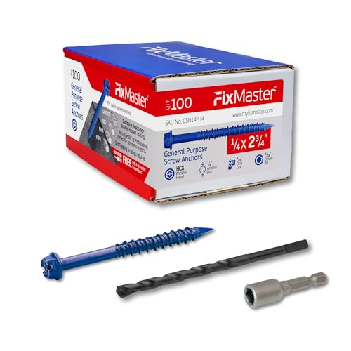 1/4 x 2-3/4" Hex Head Blue Concrete Screw Anchors (100 pcs Screw Kit) with one Screwdriver and Drill Bit for Concrete, Masonry, Block, Brick and Wood Fastening 1/4 x 2-3/4"