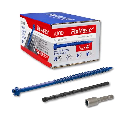 3/16 x 4 Hex Head Blue Concrete Screw Anchors (100 pcs Screw Kit) with one Screwdriver and Drill Bit for Concrete, Masonry, Block, Brick and Wood Fastening 3/16 x 4"