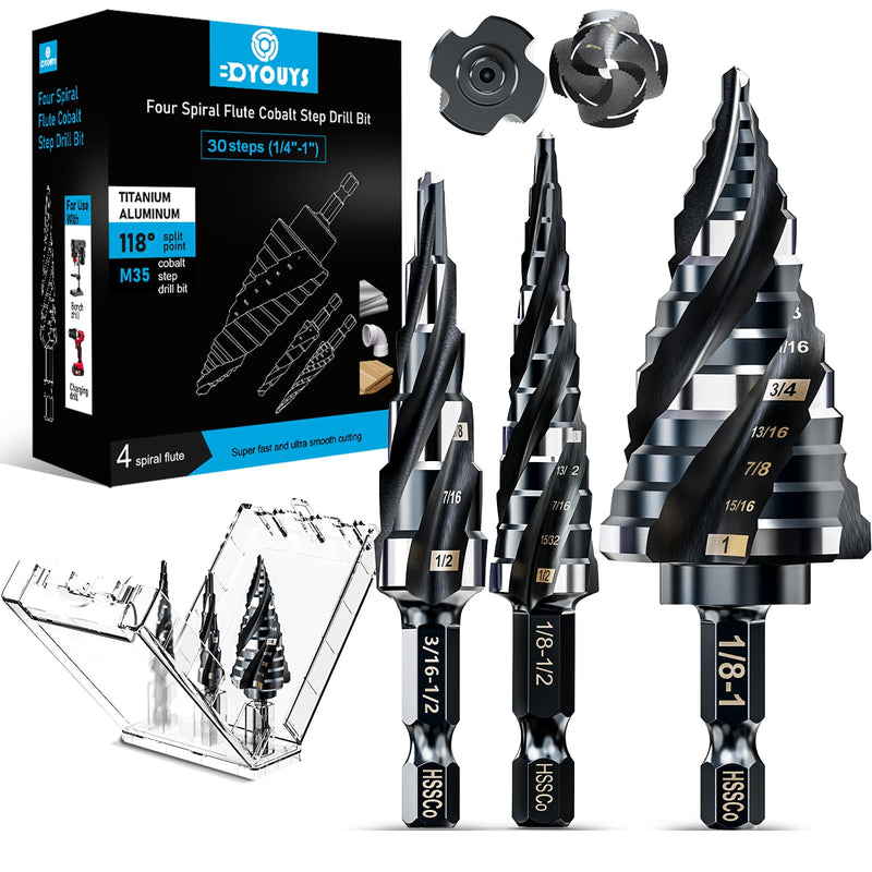 Four Spiral Flute M35 Step Drill Bit Set 1/4"-1"(3 pcs 30 Sizes), 1/4" Shank for Metal Step Drill bit, Impact Resistant Cobalt Step Drill Bit, for Stainless Steel, Wood, Aluminum, Plastic Spiral 1/4"-1"
