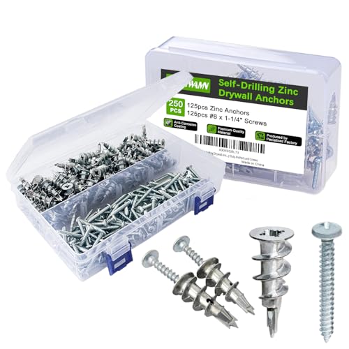 250pcs #8 Metal Self-Drilling Drywall Anchors, (125 Anchors+125 Screws) Hollow Zinc Wall Anchors and Screws Kit, 125pcs Heavy Duty Anchors 125pcs #8 x 1-1/4" Screws 250
