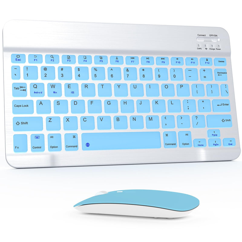 Bluetooth Keyboard and Mouse Combo, QWERT Layout Universal Ultra-Slim Wireless Keyboard Mouse Set for Android Windows iPad iPhone Samsung Tablet Portable Compact Keyboard Set, Light Blue