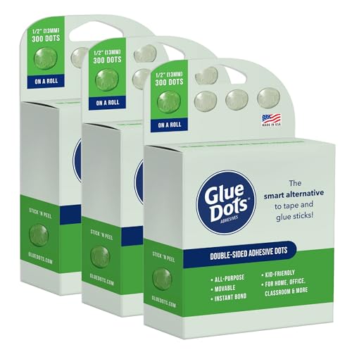 Glue Dots, Roll for everyday uses, 3-pack, ½”, .5 Inch, 900 Total Dots, Movable, Repositionable, Multi-Functional, Label Containers, Glue Stick and Tape Alternative, Clear 3 Pack