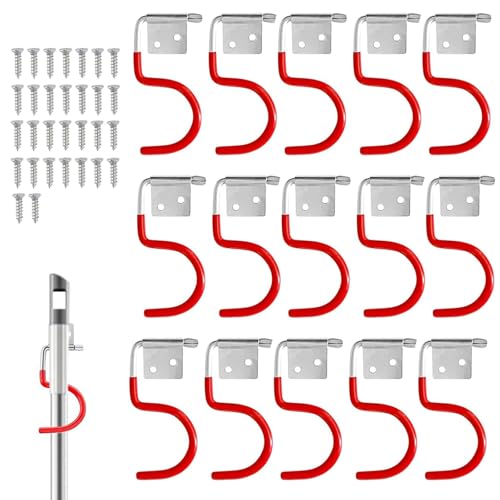 Garden Tool Holder Metal Hooks, Pack of 15 Red Hooks Broom Holder Tool Holder with 30 Pieces Screws, Garden Tools Hanging with Non-Slip Rubber Coating, for Garages, Basements, Tool Shed 15 PACK
