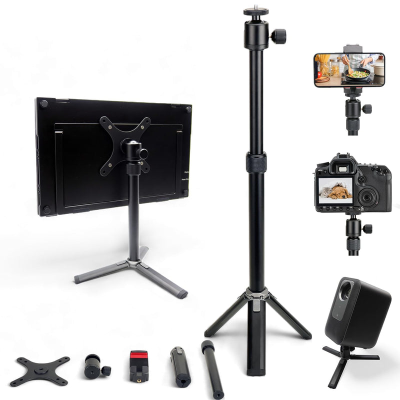 Kado Metal Portable Monitor Stand Tripod, 100x100mm 75x75mm Wall/Arm Mount Adapater Bracket Plate, 360° Ball Head and 1/4" Screw Compact for Phone, Tablet, Projector, Camera and Webcam