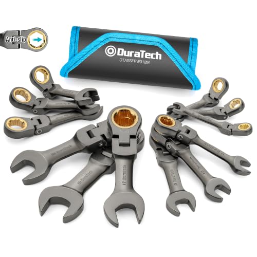 DURATECH 12-Piece Anti-Slip Stubby Flex-Head Ratcheting Wrench Set, Metric Nickel Plated