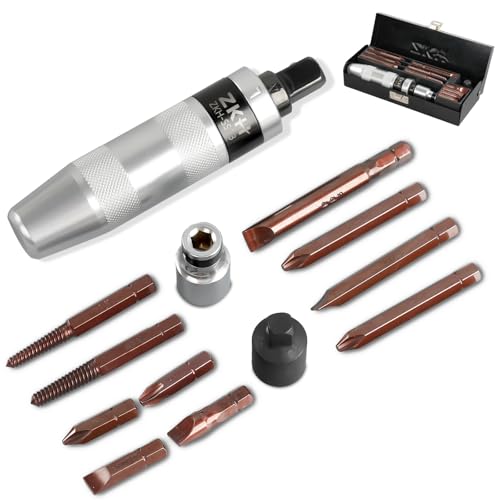 ZKH 3/8" Hand Impact Screwdriver, 1/2" Manual Reversible Impact Driver Includes 10-Piece S2 Steel Slotted, Phillips, Screw Extractor Bit Set for Removing Damaged, Frozen, Rusted Screws and Fasteners 3/8 & 1/2 Inch Driver