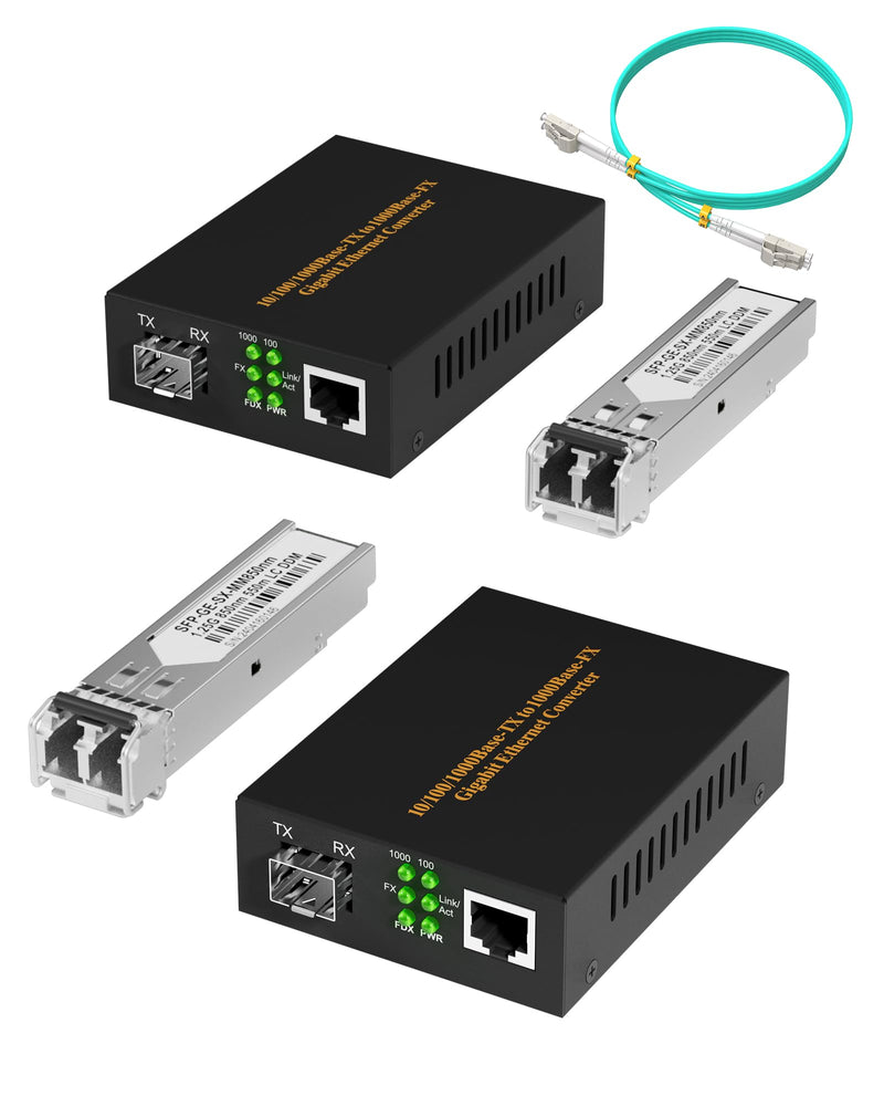 A Pair of Fiber to Ethernet Converter 1.25G/s Gigabit Ethernet Multi-Mode Media Converter with 2 Bidi SFP LC Modules, 10/100/1000Base-Tx to 1000Base-SX RJ45 to SFP Slot, Up to 550M MultiMode LC Dual Port cable as gift