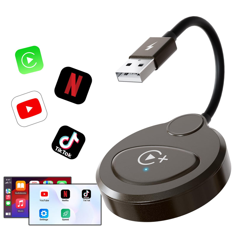 Wireless Carplay Adapter Built in YouTube Netflix,Carplay Wireless for Wired CarPlay to Wireless Support YouTube Netflix Tiktok Video Play,Easy Plug and Play_Black Black