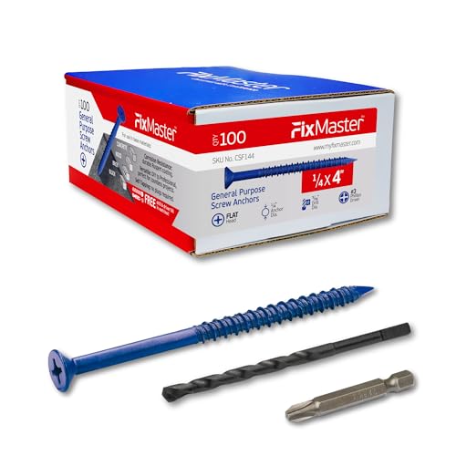 1/4 x 4 Countersunk Phillips Flat Head Blue Concrete Screw Anchors (100 pcs Screw Kit) with one Screwdriver and Drill Bit for Concrete, Masonry, Block, Brick and Wood Fastening 1/4 x 4 in