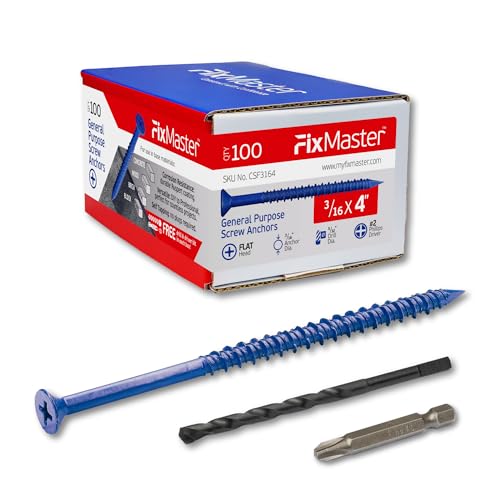3/16 x 4 Countersunk Phillips Flat Head Blue Concrete Screw Anchors (100 pcs Screw Kit) with one Screwdriver and Drill Bit for Concrete, Masonry, Block, Brick and Wood Fastening 3/16 x 4 in