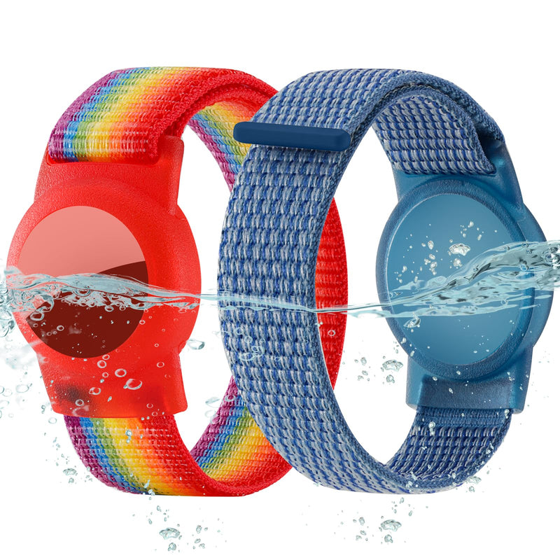 Waterproof Airtag Bracelet for Kids (2 Pack), Soft Nylon Hidden Air Tag Wristband Full Cover Lightweight GPS Tracker Holder Compatible with Apple Airtag Band for Toddler Child (Deep Rainbow/Blue) Deep Rainbow/Blue