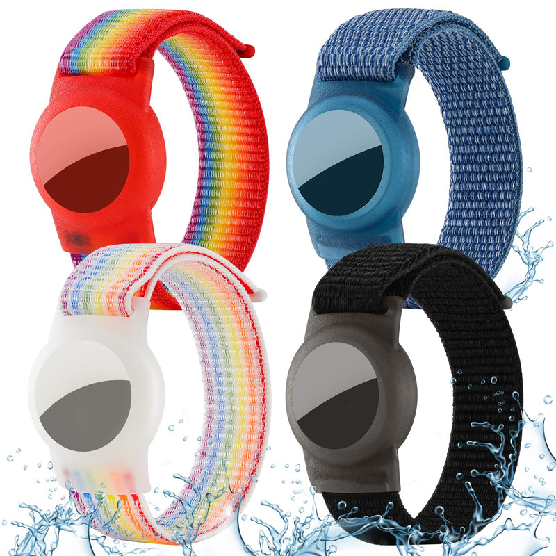 Waterproof Airtag Bracelet for Kids (4 Pack), Soft Nylon Hidden Air Tag Wristband Full Cover Lightweight GPS Tracker Holder Compatible with Apple Airtag Band for Toddler Child (Black/Blue/ 2 Rainbow) Black/Blue/Deep Rainbow/Light Rainbow