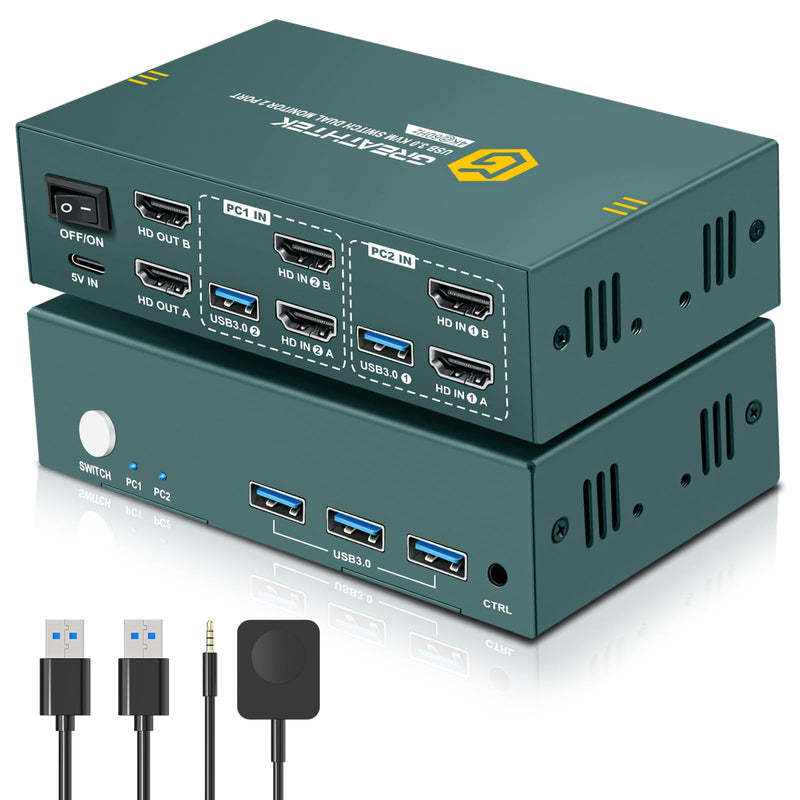 HDMI KVM Switch 2 Monitors 2 Computers 4K@60Hz, USB3.0 KVM Switch Dual Monitor with 3 USB 3.0 Ports Sharing Keyboard and Mouse, Printer/Scanner, Desktop Controller USB3.0+4KHDMI