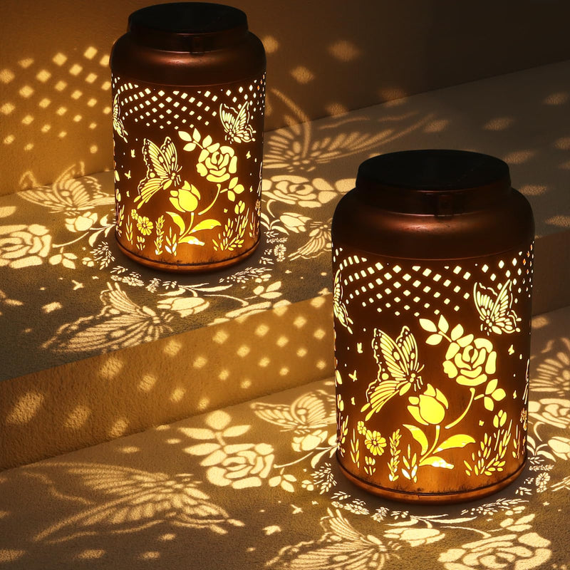 2 Pack Solar Lanterns Outdoor Waterproof, Butterfly Rose Garden Decor Birthday Gifts for Women Mom Grandma Hanging Solar Lights Metal Solar Decoration Outside for Yard, Patio, Lawn 2