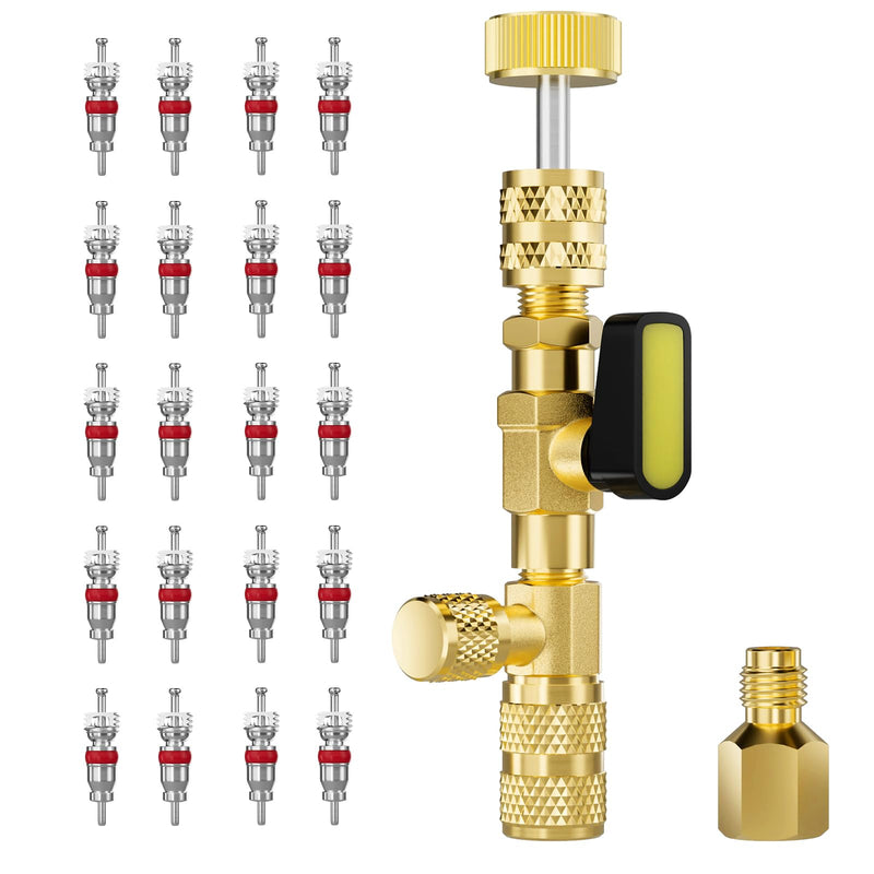 Valve Core Remover Installer Tool with Dual Size SAE 1/4 and 5/16 Port Brass Adapter, Schrader Valve Tool for R22 R410a Refrigerant Systems with 20pcs Valve Cores