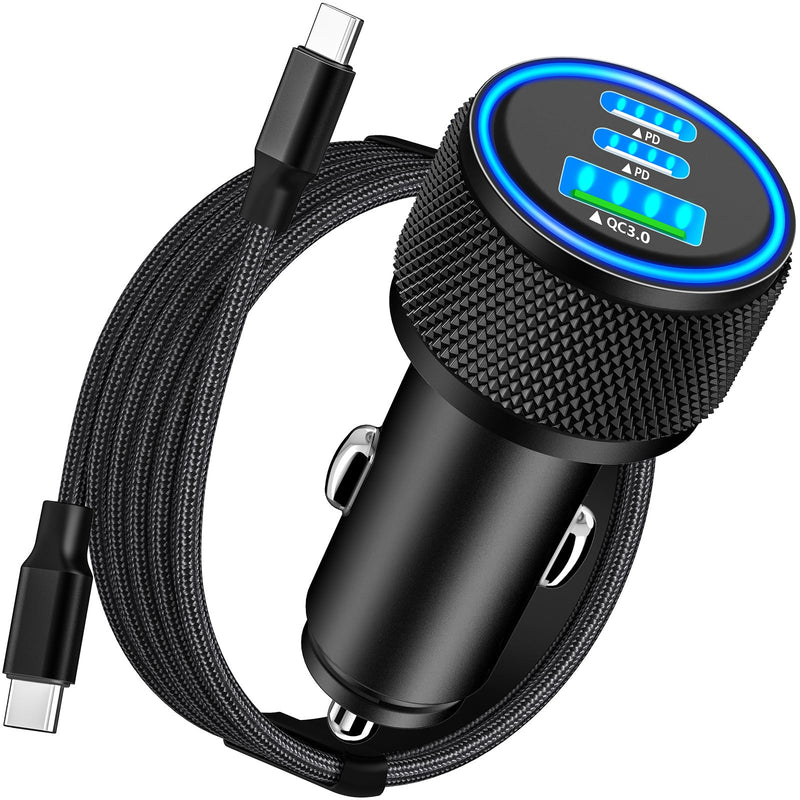 【MFi Certified】iPhone 15 Fast Car Charger, KYOHAYA 3-Port 67W PD/QC Car Power Adapter USB-C Fast Charging Cigarette Lighter with Type-C Braided Cable for iPhone 15 Pro/15 Pro Max/Galaxy/Pixel/iPad Pro Carbon Fiber Black