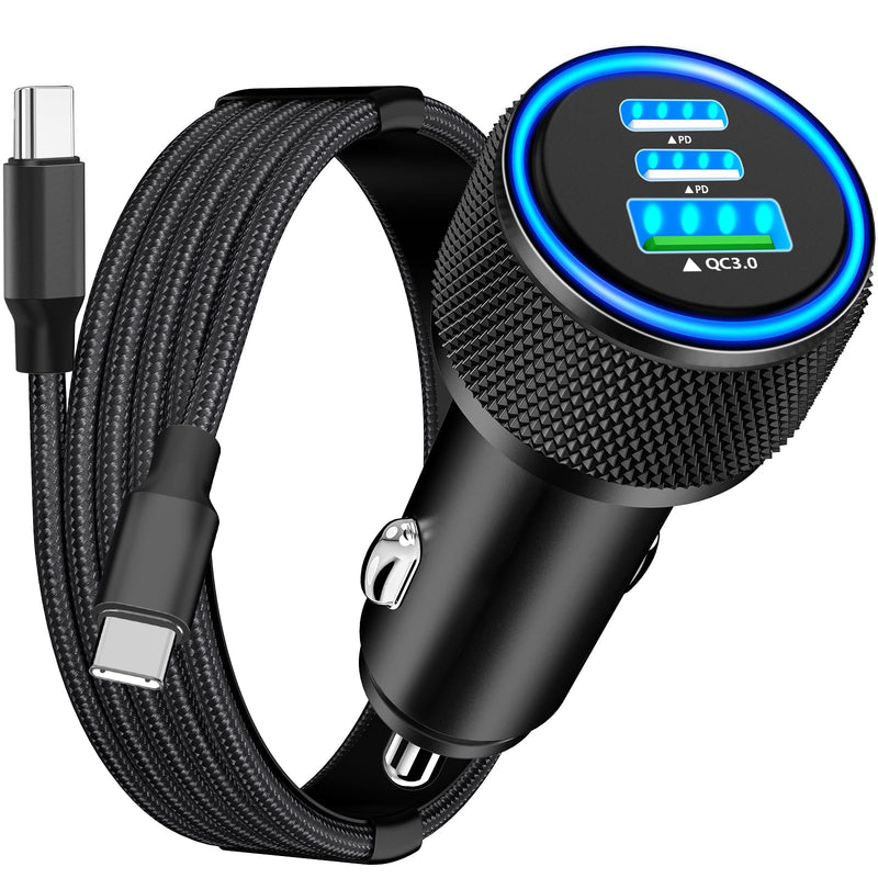 【MFi Certified】iPhone 15 Fast Car Charger, Rombica 3-Port 67W USB-C&USB-A Car Power Cigarette Lighter PD/QC Type-C Fast Car Charging+Type-C Braided Cable for iPhone 15 Pro/15 Pro Max/Galaxy/Pixel/iPad Zinc Alloy Black